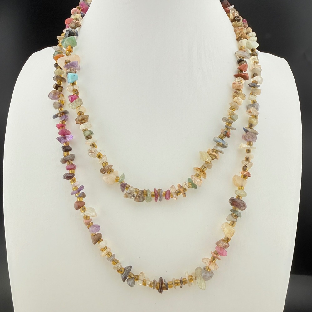 Natural Stone Chip Necklace Multi Color Long Strand Boho